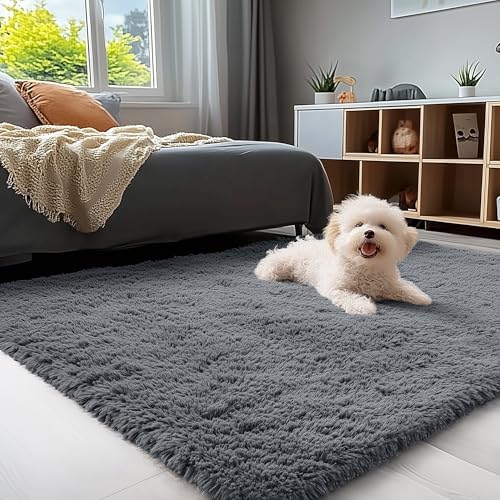 OLANLY Area Rugs for Living Room Bedroom, Machine Washable 4x5.9 ft Soft Fluffy Shaggy Bedside Rug, Indoor Floor Carpet