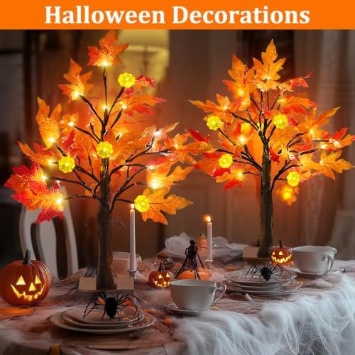 TURNMEON Fall Decor 2 Pack 24 Inch Prelit Fall Maple Tree 48 LEDs Timer