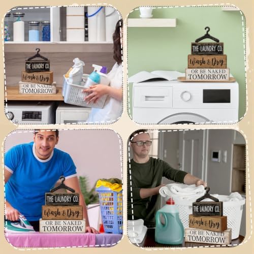 Moucuny 4 Pcs Farmhouse Laundry Room Decor Stacked Blocks Rustic Home Decor