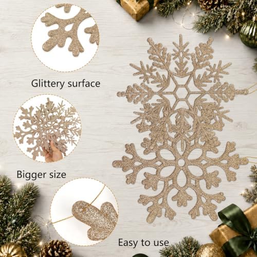 12pcs Large Champagne Gold Snowflakes Ornaments 12” Big Plastic Glitter Snowflake for Winter Indoor Outdoor Christmas Tree Window Room Decorations Giant Craft Snowflakes