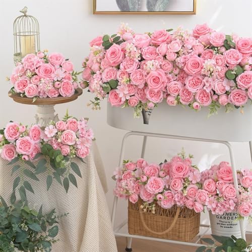 8 Pcs Mixed Artificial Peony Flowers Set-4 Bouquets & 4 Stems, Pink Fake Peony Rose Hydrangea Flowers for Vase Silk Floral Arrangements for Table Centerpiece Wedding Party Bridal Decoration Home Decor