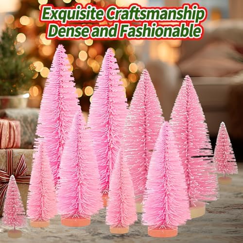 Yahpetes Christmas Trees 10 Pcs Bottle Brush Christmas Trees 5 Size Artificial Mini Christmas Sisal Snow Frost Trees Pine Trees with Wood Base for Tabletop Christmas Party Home Indoor Decor (Pink)