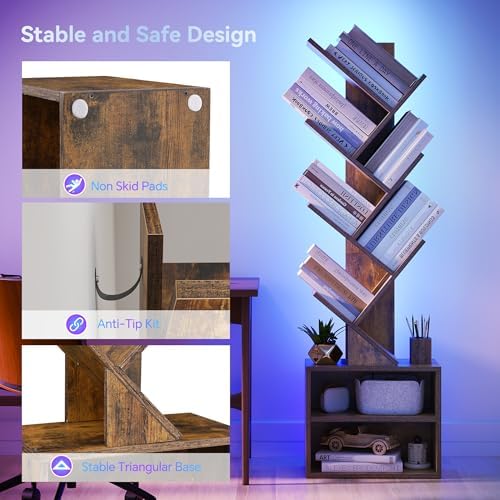 SUNMORY 6 Tier Tree Bookshelf with Lights, Bookcase with Storage Organizer