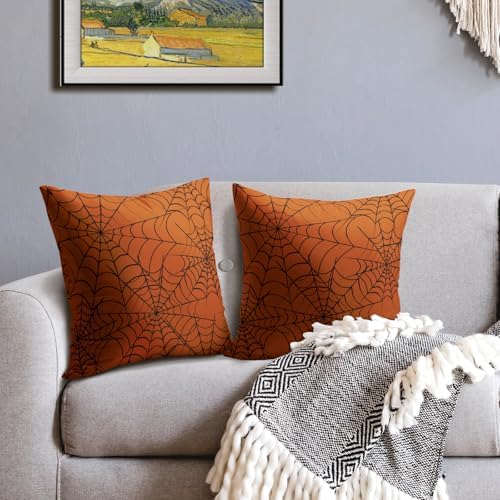 Halloween Spiderweb Pillow Covers 22x22 Set of 2 Burnt Orange Black Web Outdoor Decorative Throw Pillows Halloween Scary Themed Farmhouse Pillowcases Linen Cushion Case Decor for Home Sofa Couch Bed