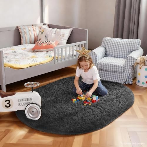 Ophanie 3x5 Oval Black Rugs for College Dorm, Bedroom Small Area Rug, Non-Slip Fluffy Shaggy Bedside Soft Shag Fuzzy