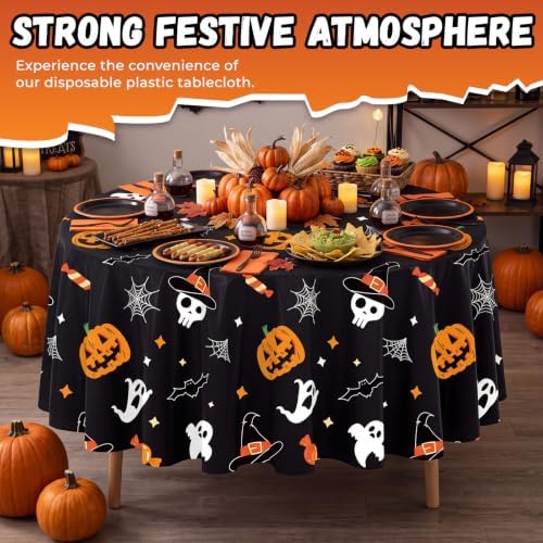 6 Pack Halloween Tablecloth, 84" Round Plastic Pumpkin Ghost Table Cloth Large Size Round Halloween Table Covers for Home Decor Halloween Party Decorations
