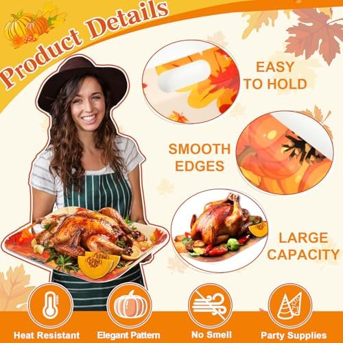 gisgfim 2Pcs Thanksgiving Day Fall Serving Tray 16.1 X 11.1 Inch Large Melamine Trays Platters with Handles Fall Pumpkin Leaves Food Trays Turkey Serving Dishes Snacks Dessert Plates Party Decorations