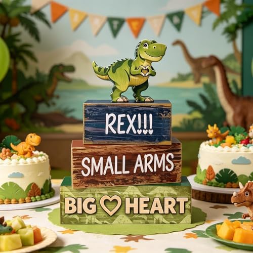 4 Pcs Dinosaur Tiered Tray Decor, Wooden T-Rex Table Decorations, Cute Dinosaur Party Centerpieces for Boys & Girls Birthday, Baby Shower, Nursery, Jungle Theme Home Decor