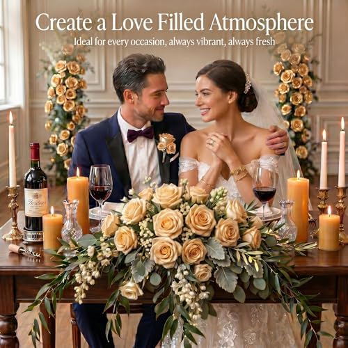 60 Pcs Champagne Velvet Artificial Roses Flowers Real Looking Silk Faux Roses Bulk Long Stems for Wedding Centerpieces,DIY Floral Arrangements,Home Decor,Anniversary,Valentine's Day