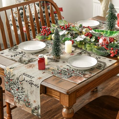 Artoid Mode Wood Holly Pine Cone Merry Christmas Placemats Set of 4, 12x18 Inch Seasonal Winter Holiday Table Mats for Party Kitchen Dining Decoration