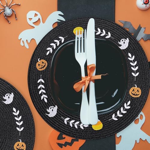 Whaline 4 Pcs Round Halloween Placemats Embroidered Ghost Pumpkin Candy Corn Place Mats Black Spooky Dinner Table Mats for Halloween Holiday Trick or Treat Party Table Decor