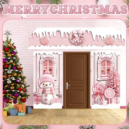 HunnmingRe 3 Pcs Christmas Gingerbread House Door Covers Decor,Pink