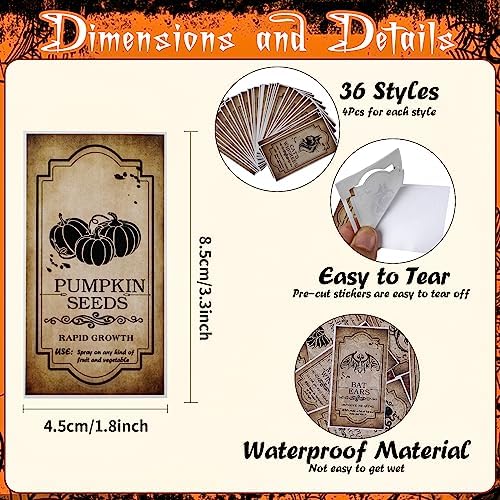 KIMOBER 144PCS Halloween Bottle Labels, Assoeted Vintage Laminated Animal Apothecary Potion Bottles Stickers for Halloween Party Supplies Photo Props