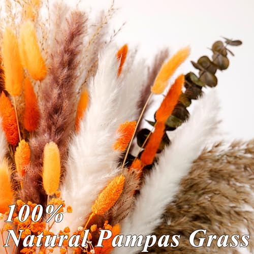 120Pcs 17" Orange Dried Pampas Grass Bouquet, Boho Floral Home Decor