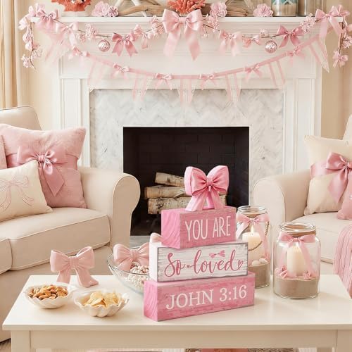 Lineshading 4 Pcs Pink Bow Decor Christian Table Decor Wooden Block Signs