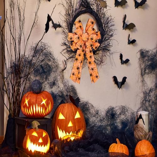 2PCS Halloween Bows for Wreath Large Halloween Bow with Spider Web Pattern