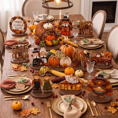 12 Pcs Fall Thanksgiving Table Decor Turkey Scarecrow Wooden Centerpiece