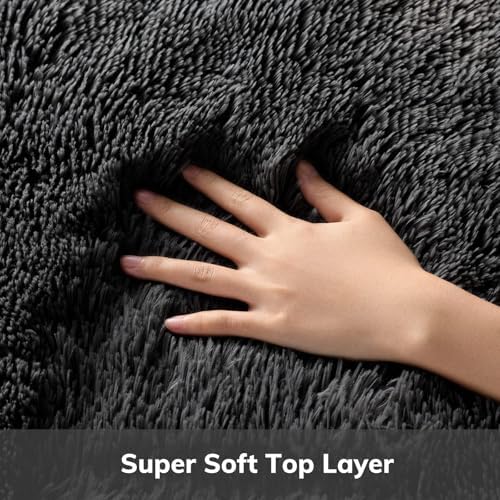 Ophanie Round Rug 8Ft Black Circle Area Rug, Room Decor for Men, Fluffy Fuzzy Bedroom Carpet, Plush Soft Shaggy Living