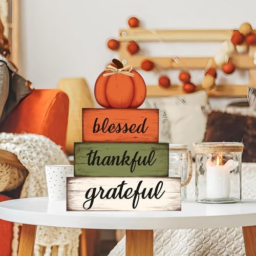 4 Pcs Fall Wooden Table Sign Fall Wooden Tiered Tray Decor Thankful Blessed Grateful Tabletop Signs Farmhouse Pumpkin Wood Blocks for Autumn Thanksgiving Harvest Home Kitchen Table Shelf Decor