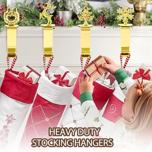 Komotu 4 Pcs Christmas Stocking Holders for Mantle, Upgrade Stable Lightweight Metal Stocking Holder No-Slip Stocking Hangers for Mantle, Mantel Stocking Holders Clip for Xmas Party Decoration (Gold)