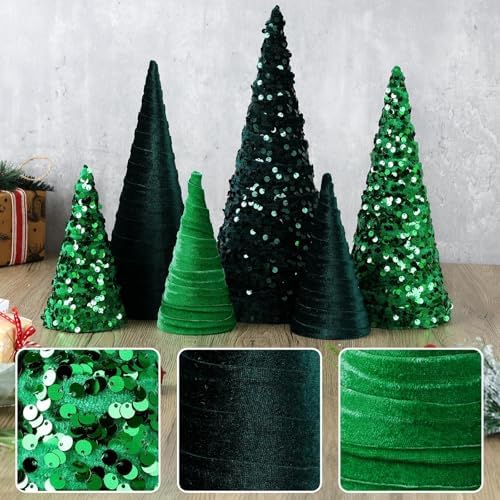 6 Pcs 12" 10" 6" Christmas Green Velet Cone Tree Decoration Christmas Glitter Table Tree Farmhouse Tree Tiered Tray Ornament Xmas Tree for Home Holiday Entryway Tabletop Tree Centerpiece Decor