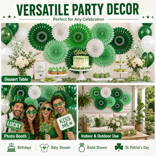 Green White Party Decoration Hanging Honeycomb Round Paper Fans Kit for Theme Birthday Baby Shower Summer Forest Patrick's Irish Backdrop Party Supplies 11 Count