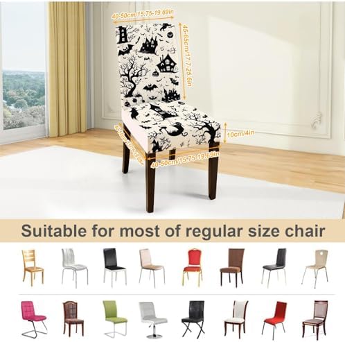 Halloween Chair Covers for Dining Room – Spooky Black and White Slipcovers with Haunted House, Bats, Pumpkins & Witches – Stretch Washable Chair Protectors for Party Decor, Trick or Treat