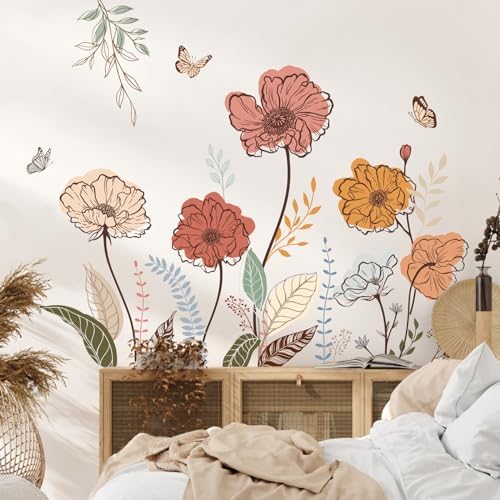 Boho Flower Wall Stickers Wildflower Floral Grass Peel and Stick Wall Art Decals