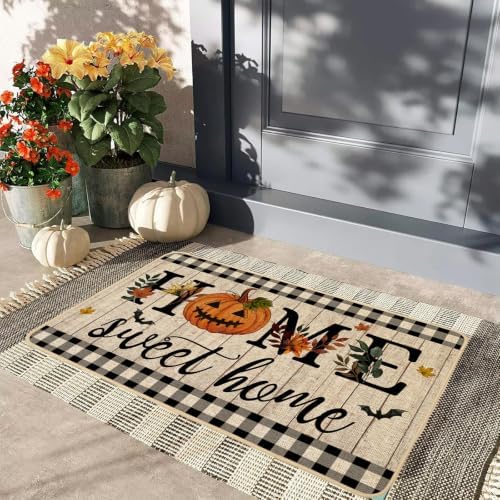 ORTIGIA Halloween Pumpkin Doormat Home Sweet Home Indoor Outdoor Patio Welcome Door Mats Non-Slip Durable Entrance Mat for Home Entrance Outside Entry Yard Floor Patio 17x29 INCH