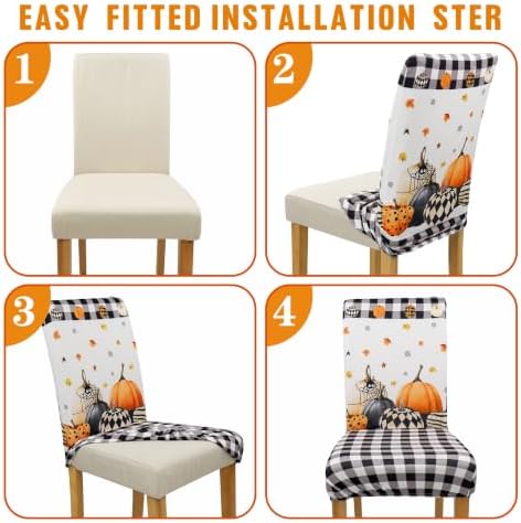 Halloween Chair Covers Set of 4, Fall Pumpkin Black/White Buffalo Plaid Chairs Slipcover for Dining Room, Removable Washable Breathable Cover in the Kitchen Restaurant Holiday Decor