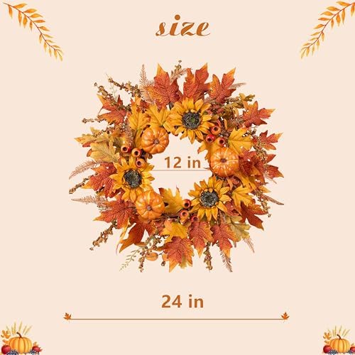 zjlmit Fall Wreaths for Front Door 24 Inch Fall Wreath with Pumpkins Sunflowers Maple Leaves and Orange Red Berries Autumn Wreath for Farmhouse Porch Thanksgiving and Harvest Festival Parties