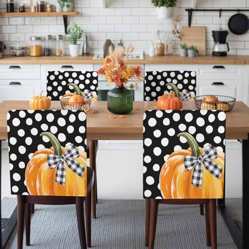 Fall Chair Covers Set of 8 Orange Pumpkin Chair Slipcover Protector Removable Stretch Chair Covers Bow Black White Polka Dots Thanksgiving Chair Back Covers for Dining Chairs Kitchen Holiday Party