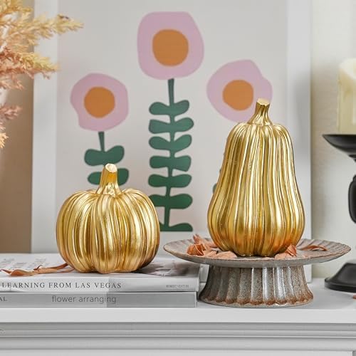 FESTGLOX Gold Fall Pumpkin Decor, Resin Pumpkin Figurines for Decorating