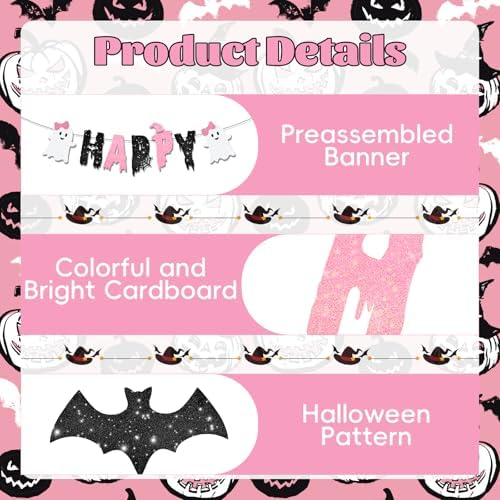 Pink Halloween Happy Birthday Banner – Cute Ghost and Bat Design with Glitter Letters and Spider Web Accents – Girly Halloween Party Decoration for Kids or Spooky Birthday Celebrations