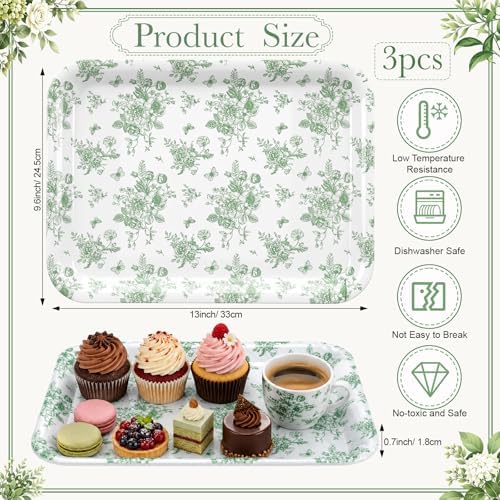 Vesici 3 Pcs Sage Green Floral Serving Trays 13 x 10 Inch Green Chinoiserie Flower Melamine Platters Reusable Rectangular Serving Dish for Spring Wedding Bridal Party Sharing Snack Fruit Dessert Candy