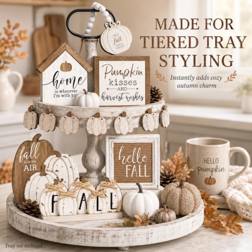 Reallnaive 18 Pcs Fall Thanksgiving Tiered Tray Decor Set Pumpkin Wood Sign Hello Fall Rustic Farmhouse Tray Decoration Tabletop Sign for Autumn Home Kitchen Festival (Neutral)