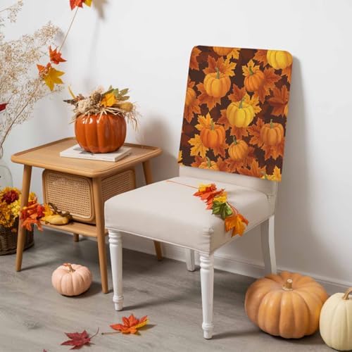 Fall Chair Covers Set of 4 Orange Harvest Pumpkin Chair Slipcover Protector Removable Stretch Chair Covers Autumn Maple Leaf Thanksgiving Chair Back Covers for Dining Chairs Kitchen Holiday Party