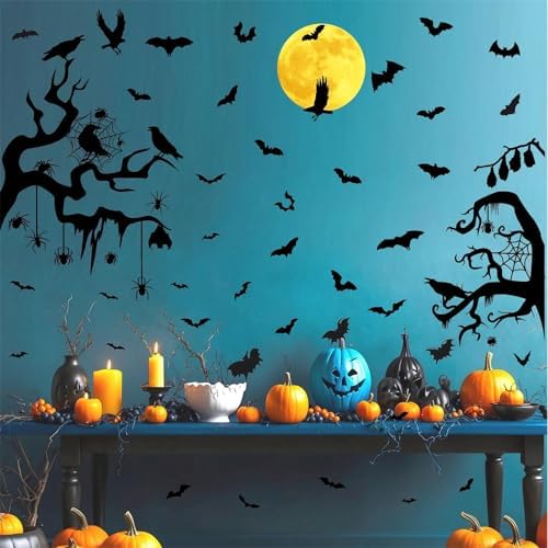 Moon Bat Wall Decals Halloween Crow Tree Branch Wall Stickers Window Clings