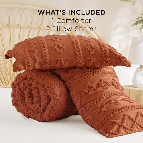 Bedsure Tufted Boho Comforter Set Queen Size - Terracotta Boho Bed Set, GentleSoft™ 3 Pieces Farmhouse-Style Embroidery