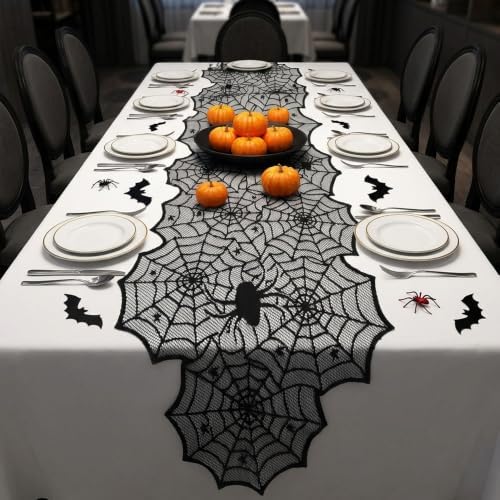Halloween Table Runner, 2Pcs Black Lace Spider Web Table Runner Halloween Decorations 18 x 72 Inch Spiderweb Lace Table Decor for Kitchen Dinner Halloween Table Party Decor Masquerade Scary Nights