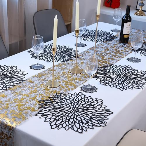 Snowkingdom Pack of 18 Black Placemats Washable Pressed Vinyl Laser Cut Dining Table Mats Round Floral Charger Decoration for Christmas Halloween Thanksgiving Wedding