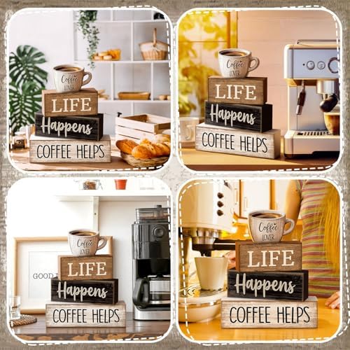 Moucuny 4 Pcs Wooden Coffee Bar Signs Farmhouse Table Decor Blocks