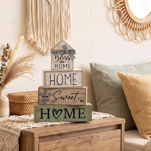 Moucuny 4 Pcs Wooden Farmhouse Table Decor Rustic Home Sweet Home Stacked Blocks Decoration Farmhouse Tiered Tray Decor