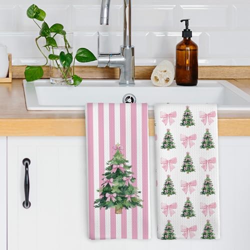 XPH Coquette Pink Bow Christmas Tree Kitchen Dish Towels Set of 2, Christmas Kitchen Gifts, Preppy Pink Bow Xmas Tree Hand Towels Tea Towel Decorations, Girly Bathroom Decor, 16x24inch