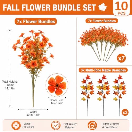 10Pcs Artificial Fall Flowers Outdoor UV Resistant, Faux Mums Orange Silk Flowers with 3-Tone Maple Leaves for Porch Planters, Thanksgiving Autumn Harvest Decor, 14 Inch