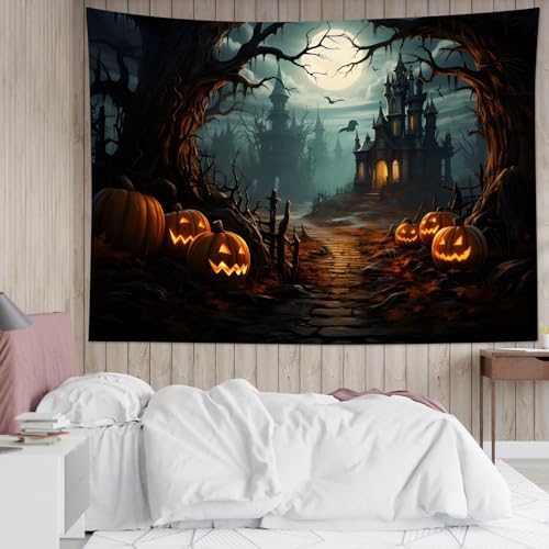 LB Horror Halloween Tapestry Wall Hanging Pumpkin by Dead Tree in Forest Tapestry Haunted Castle Tapestries for Bedroom Living Room College Dorm Wall Decor,59Wx51H inches