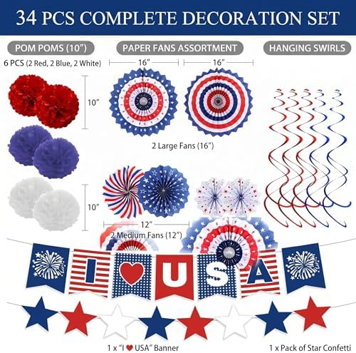 34PCS 4th of July Decorations Patriotic Decorations Love USA Banner Red White Blue Paper Fans, Star Streamer, Pom Poms, Hanging Swirls for Memorial Day Veterans Labor Presidents Flag