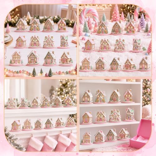 12 Pcs Christmas Gingerbread Decor Pink Gingerbread House Table Centerpiece