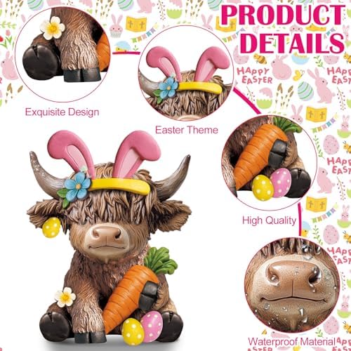 Karenhi 2 Pcs Highland Cow Figurines Resin, Bunny Ears Spring Decor