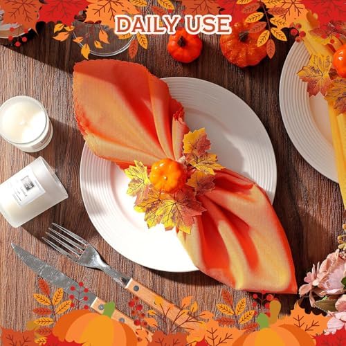 Thanksgiving Napkin Rings Set of 6, Pumpkin Napkin Rings for Holiday Dinner Table Decor, Maple Leaves Napkin Rings for Fall Table Decoration